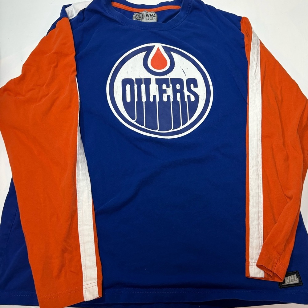 Vintage Edmonton Oilers NHL Long Sleeve Shirt L Colorblock Blue Orange Lipar